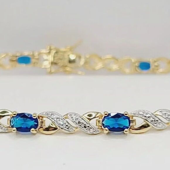18K Yellow Gold Sterling Silver Blue & White Cubic Zirconia Bracelet $225 - Picture 1 of 10
